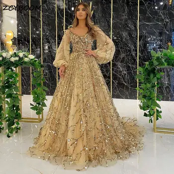 Роскошные вечерние платья трапециевидной формы с золотыми блестками и бисером в Дубае для женщин 2023, Свадебная вечеринка, Элегантные мусульманские Арабские вечерние платья для выпускного вечера