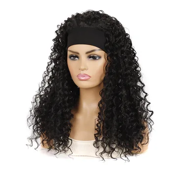 Синтетический парик, длинные черные женские воздухопроницаемые парики с завитками и широкой вязаной повязкой с принтом, шиньоны
