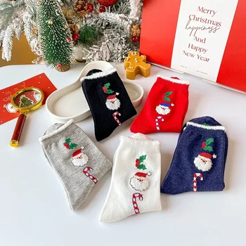 Средние носки с Рождественским оленем для женщин, большие красные Осенне-зимние чулки с изображением Санта-Клауса в канун Рождества