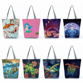 Сумки серии Ocean, повседневная пляжная сумка через плечо большой емкости, складная Женская сумка для покупок с принтом китовой черепахи