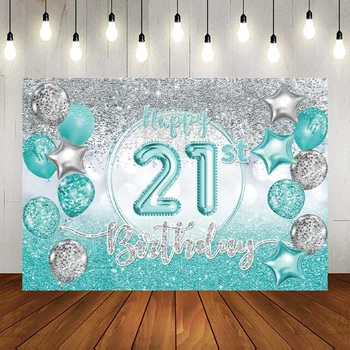 Фон для вечеринки по случаю 21-го Дня Рождения Бирюзовый, Бирюзовый, воздушный Шар, блестящий Фотографический Фон, Баннер для украшения 21 Дня Рождения