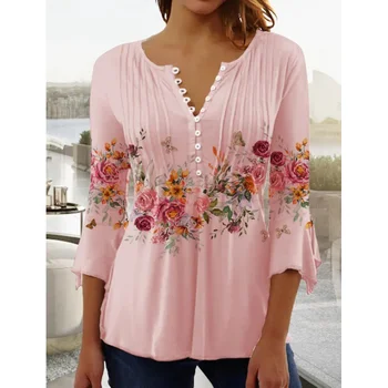 Элегантная офисная блузка с цветочным принтом, топ с V-образным вырезом, повседневная блузка с румянами, блузка на трех пуговицах, весна-лето 2023 г.
