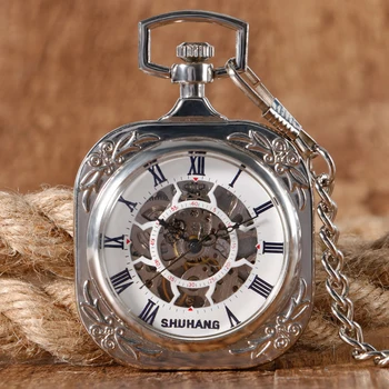 Элегантные серебряные карманные механические часы квадратной формы с открытым циферблатом, механизм с ручным заводом, Модные антикварные часы с подвеской, Мужские